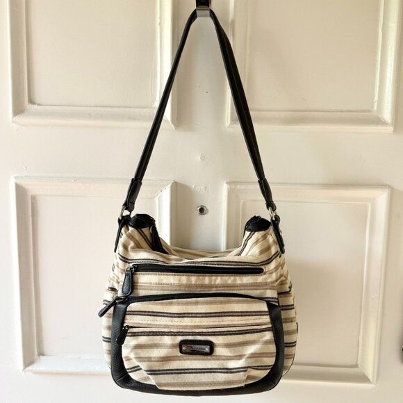 Alfred Dunner Shoulder Bag Beige Brown Striped Organizer Style Purse Pockets - Picture 1 of 11